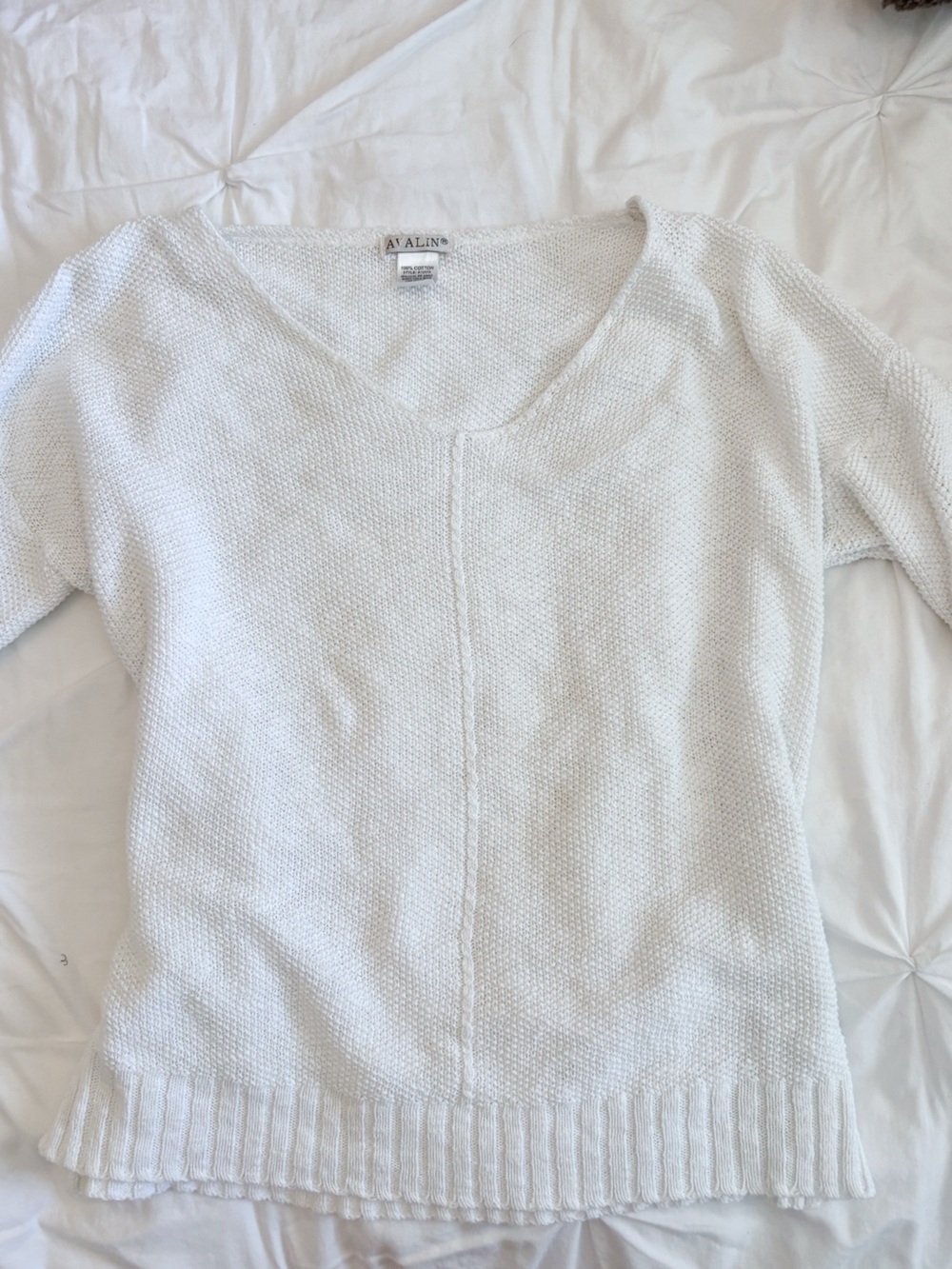 Avalin White V-Neck Textured Knit Sweater